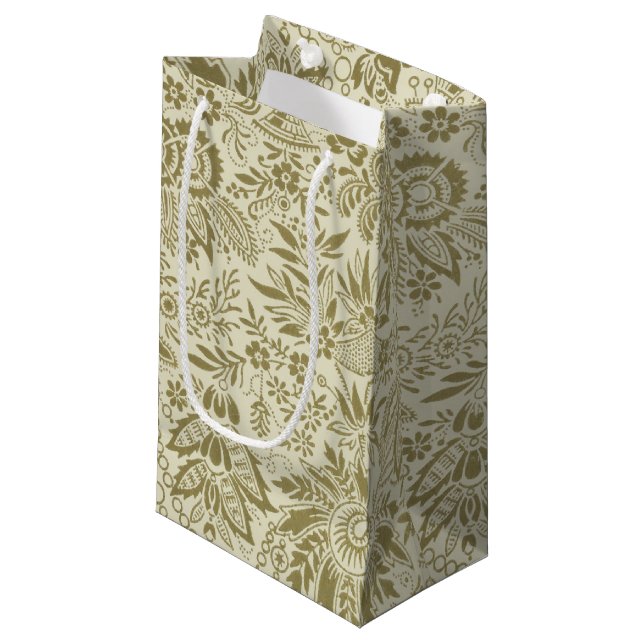 Petit Sac Cadeau Motif Floral Vert Sage Antique Damas (Devant Angle)