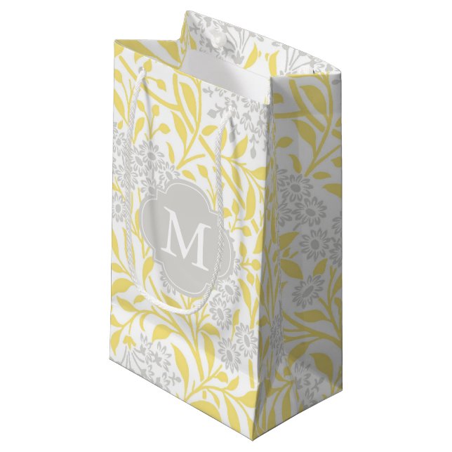 Petit Sac Cadeau Motif monogramme gris-jaune Floral Damask (Devant Angle)