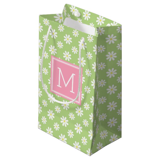 Petit Sac Cadeau Motif rose et vert mignon de marguerites (Devant Angle)