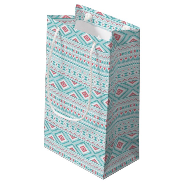 Petit Sac Cadeau Motif tribal aztèque turquoise et rose (Dos Angle)