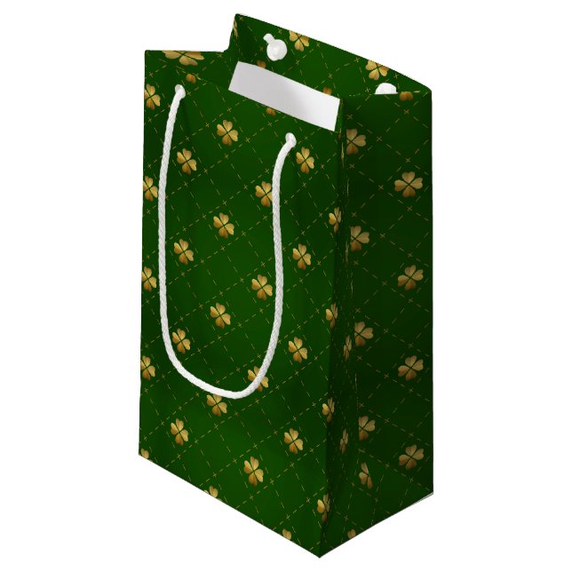 Petit Sac Cadeau Motif vert d'or de trèfle (Devant Angle)