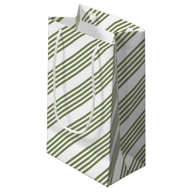 Petit Sac Cadeau Motif vert olive et blanc cinq bandes (Devant Angle)