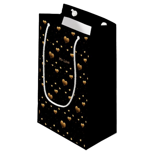 Petit Sac Cadeau My Love Elegant Gold Hearts on Black (Devant Angle)