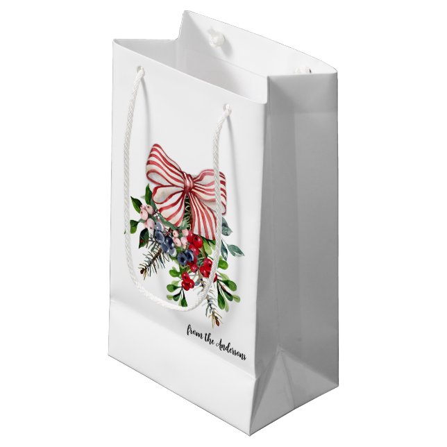 Petit Sac Cadeau Name || Evergreen Berries and Red White Stripe Bow (Devant Angle)