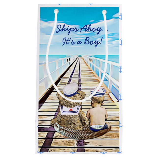 Petit Sac Cadeau Navires Ahoy, C'est un garçon, Baby shower nautiqu (Devant)