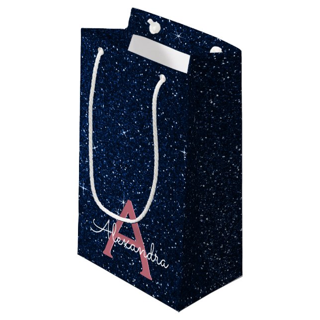 Petit Sac Cadeau Navy Blue & Rose Gold Sparkle Glitter Monogram (Devant Angle)