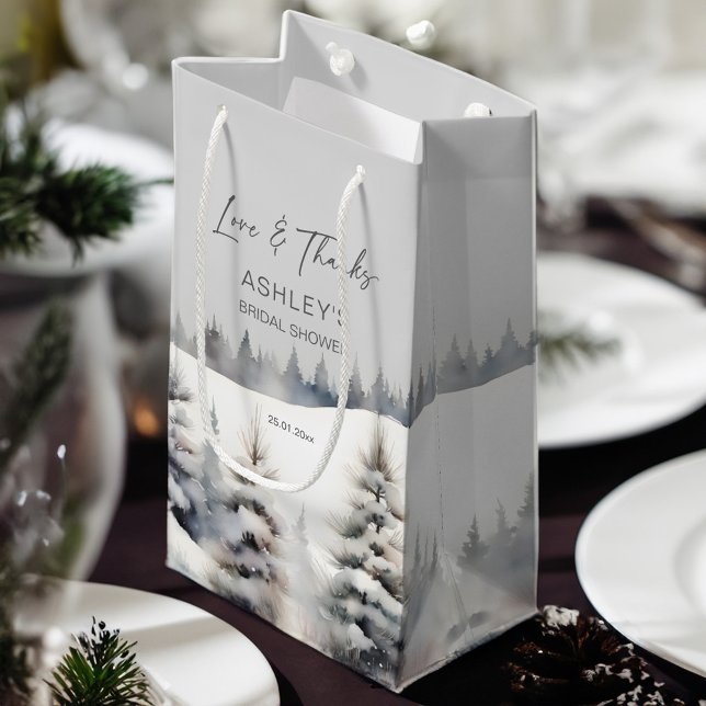 Petit Sac Cadeau Neige en amour hiver pinède nuptiale douche favo (Snow in love winter pine forest bridal shower favor small gift bag winter bridal shower gift bag)