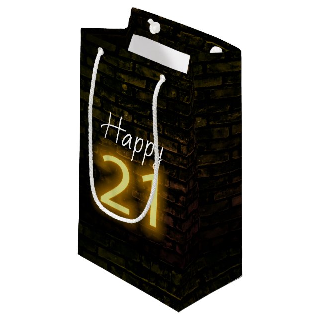 Petit Sac Cadeau Néon Anniversaire 21 sur Brique  (Devant Angle)