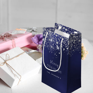 Petit Sac Cadeau Noël bleu blanc parties scintillant argent