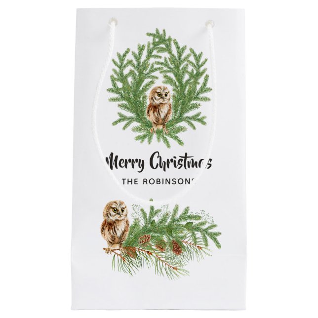 Petit Sac Cadeau Noël Chouette Aquarelle (Devant)