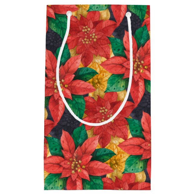 Petit Sac Cadeau Noël des Poinsettias Rouge et Or (Devant)
