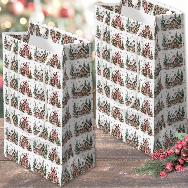 Petit Sac Cadeau Noël d'hiver festif (Festive Winter Cabin Watercolor Christmas Small Gift Bag)