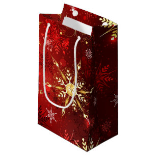 Petit Sac Cadeau Noël Golden Snowflakes sur Arrière - plan rouge
