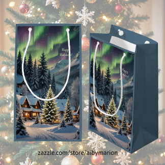 Petit Sac Cadeau Noël Magique, Village de Montagne, Lumières Polair