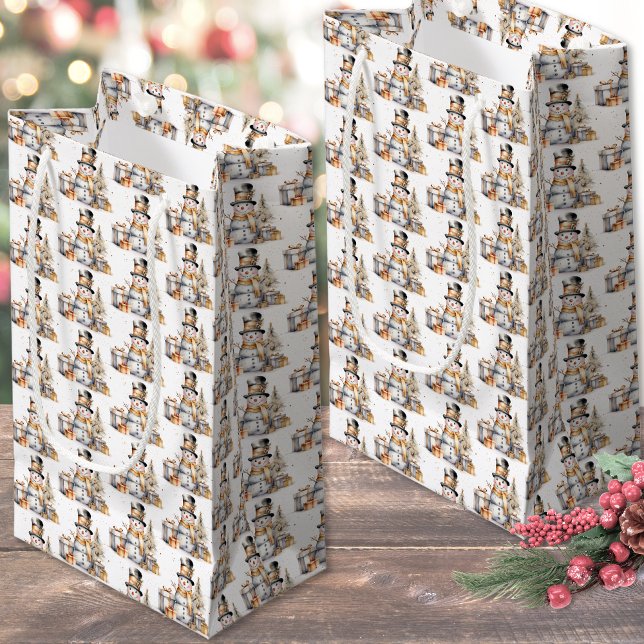 Petit Sac Cadeau Noël Noir Blanc (Black White Winter Snowman Christmas Small Gift Bag)