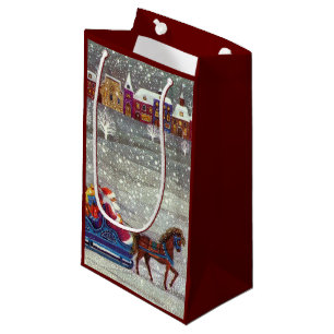 Petit Sac Cadeau Noël vintage, Père Noël traîneau ouvert tiré par u