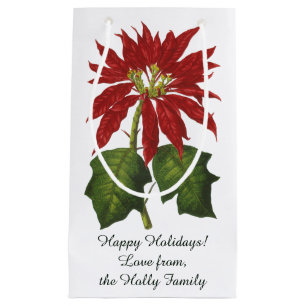Petit Sac Cadeau Noël vintage, poinsettia rouge plante d'hiver