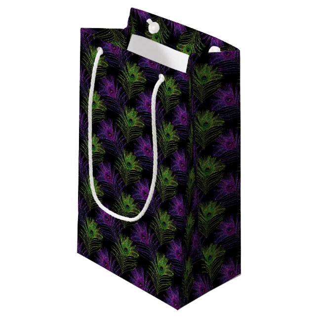 PETIT SAC CADEAU NOIR AVEC PURPLE & VERT MARDI GRAS FEATHERS (Devant Angle)