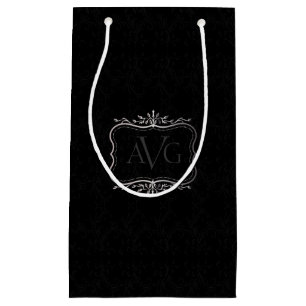 Petit Sac Cadeau Noir Damas vintage cadre argent