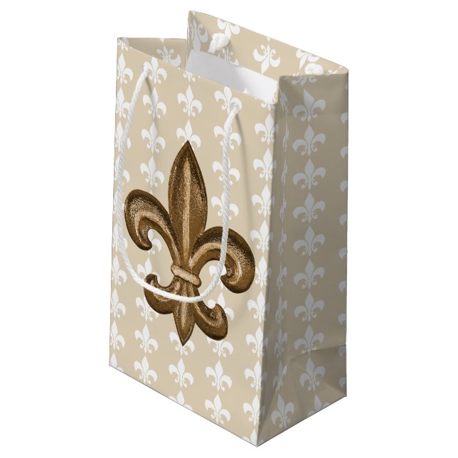 Petit Sac Cadeau Nola Gold & White French Fleur De Lis (Dos Angle)