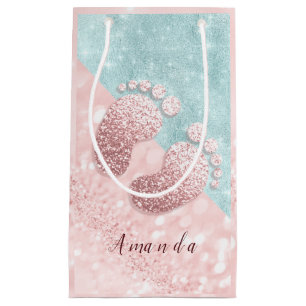 Petit Sac Cadeau Nom Baby Feet Rose Baby shower or rose bleu