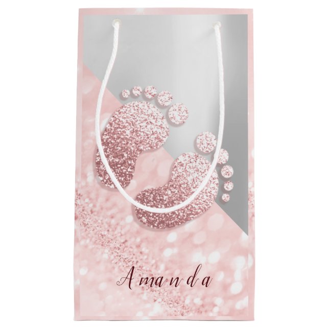 Petit Sac Cadeau Nom Bébé pieds Rose or Baby shower rose argent (Devant)