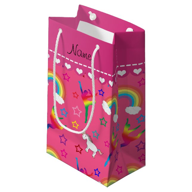 Petit Sac Cadeau Nom gymnastique rose arc-en-ciel licornes (Devant Angle)