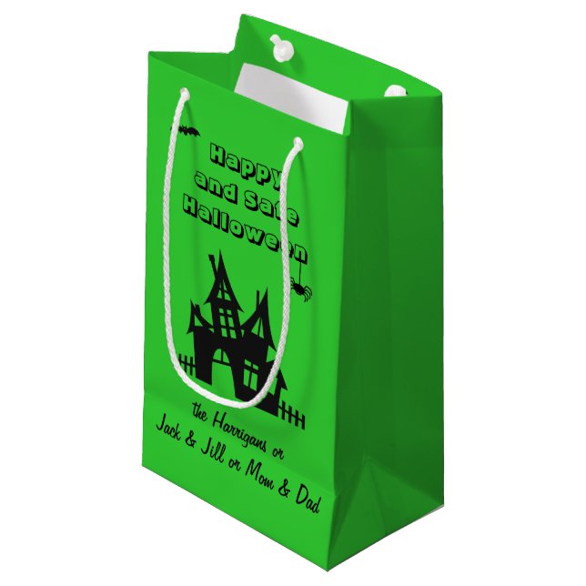 Petit Sac Cadeau Nom, Maison hantée Halloween Lime Green (Devant Angle)