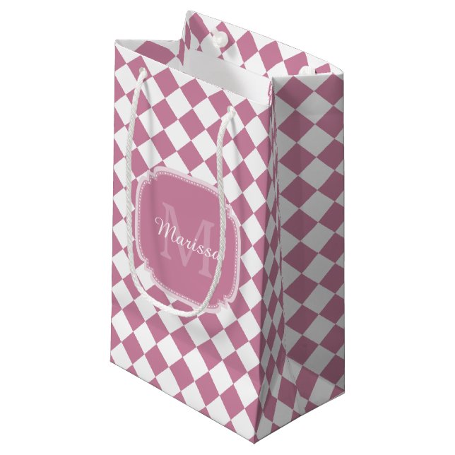 Petit Sac Cadeau Nom monogrammé à carreaux rose et blanc chic (Devant Angle)