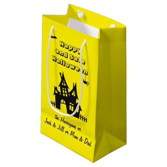 Petit Sac Cadeau Noms sur Haunted House Halloween Jaune (Devant Angle)
