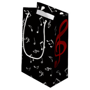 Petit Sac Cadeau notes de musique rouge et noir argenté
