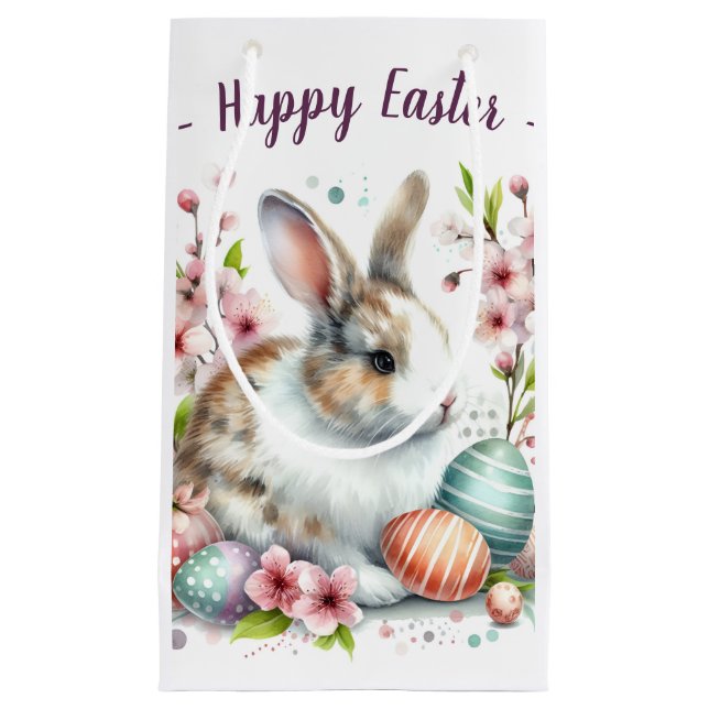 Petit Sac Cadeau OEufs et fleurs de lapin de Pâques - (Devant)