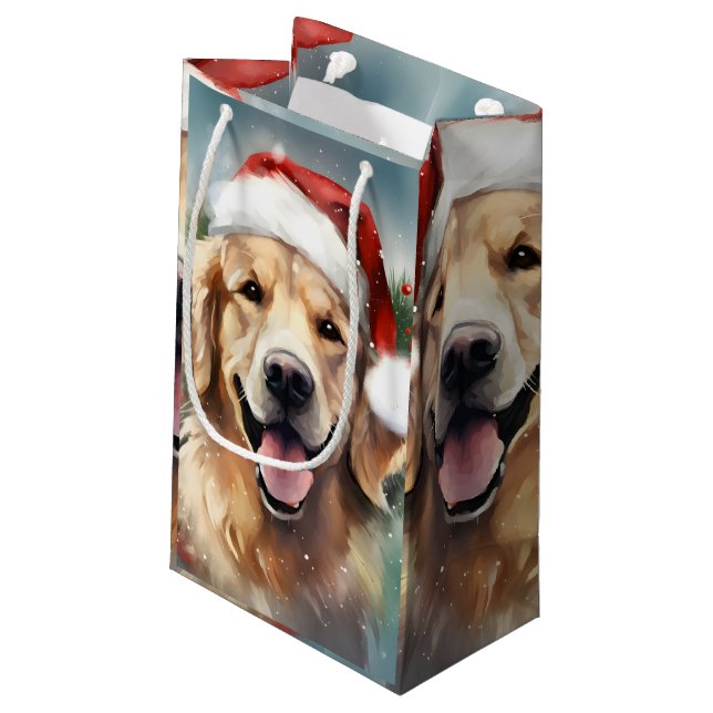 Petit Sac Cadeau OEuvre de peinture de Noël Golden Retriever (Dos Angle)