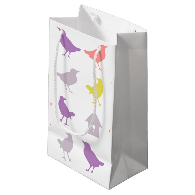 Petit Sac Cadeau Oiseaux pastel rose et violet avec Birdhouse (Devant Angle)