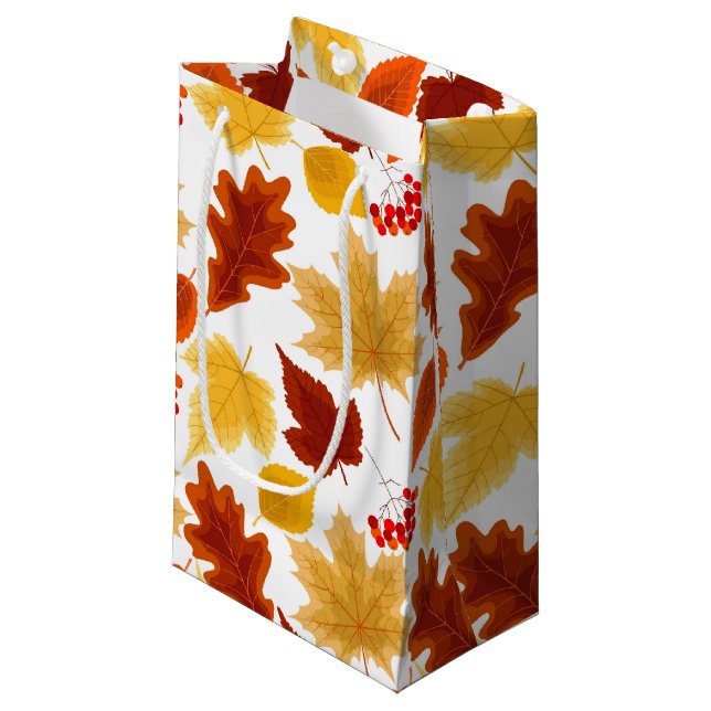 PETIT SAC CADEAU OR ORANGE ROUGE FEUILLES D'AUTOMNE (Devant Angle)