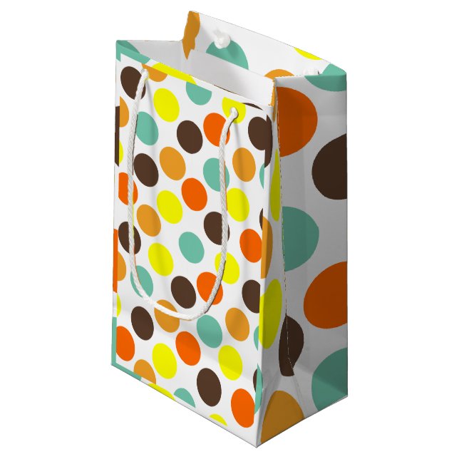 Petit Sac Cadeau Orange, Jaune, Brown, Points Bleus (Devant Angle)