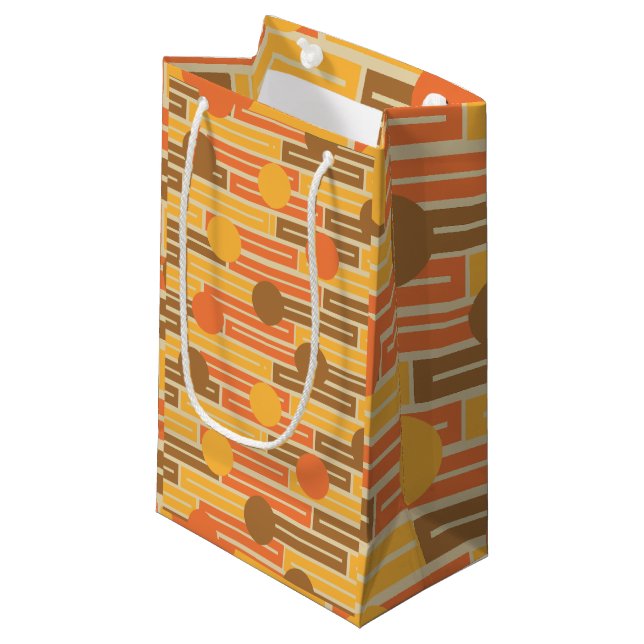 Petit Sac Cadeau Orange, Or, Rectangles Brown et cercles (Devant Angle)