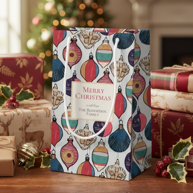 Petit Sac Cadeau Ornements rustiques gris clair Xmas (Colorful Light Gray Vintage Ornaments Xmas Wrapping Paper. Retro Chic Xmas Holiday Season Pattern)