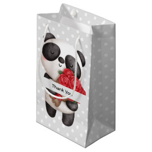 Petit Sac Cadeau Ours Panda mignonne avec Merci Bouquet Rose