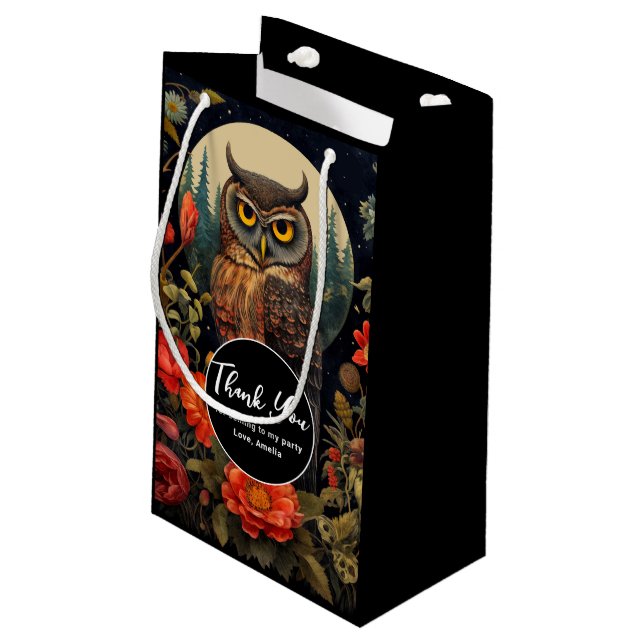 Petit Sac Cadeau Owl at Night with a Full Moon Thank You (Dos Angle)