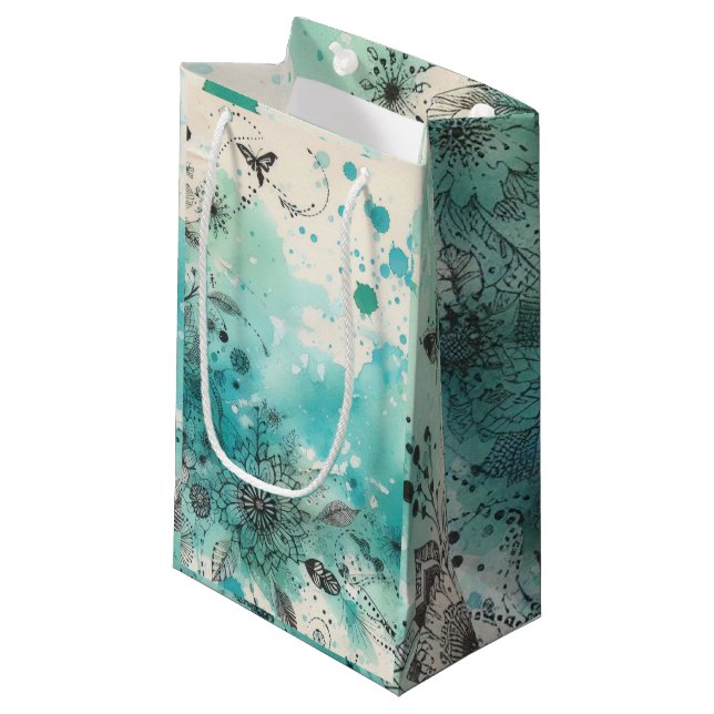 Petit Sac Cadeau Papeterie Aquarelle Turquoise (Devant Angle)