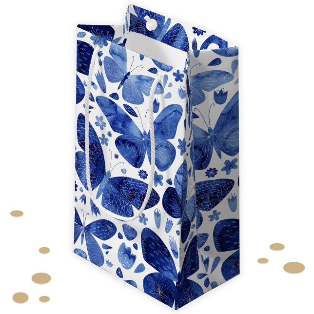 Petit Sac Cadeau Papillons Aquarelle Indigo Blue (Watercolor butterfly pattern gift bag)