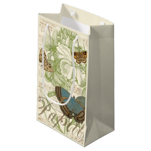 Petit Sac Cadeau Papillons sur Partition avec Design Floral (Devant Angle)