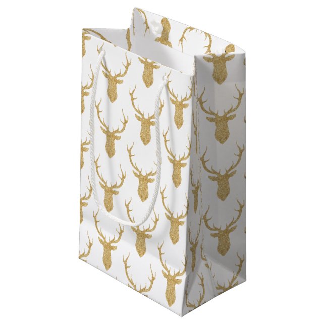 Petit Sac Cadeau Parties scintillant d'or Faux Cerf de Noël (Devant Angle)