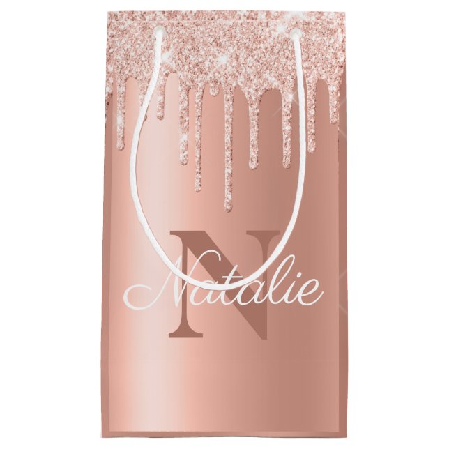 Petit Sac Cadeau Parties scintillant dorée rose brillant Monogramme (Devant)