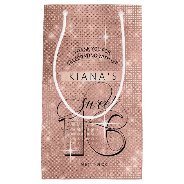 Petit Sac Cadeau Parties scintillant et brillant Sweet 16 Rose Gold (Devant)