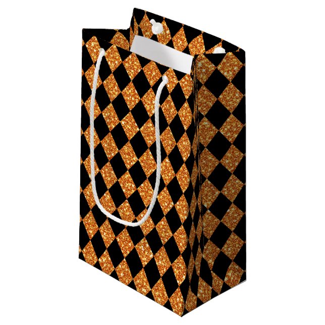 PETIT SAC CADEAU PARTIES SCINTILLANT NOIRE ET ORANGE REGARDEZ HALLO (Devant Angle)