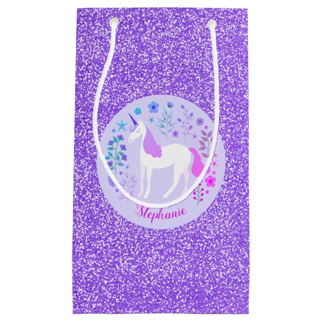 Petit Sac Cadeau Parties scintillant Unicorne rose violet personnal (Devant)
