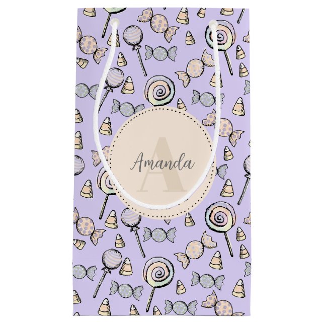 Petit Sac Cadeau Pastel Purple Candy thème Monogramme et nom (Devant)