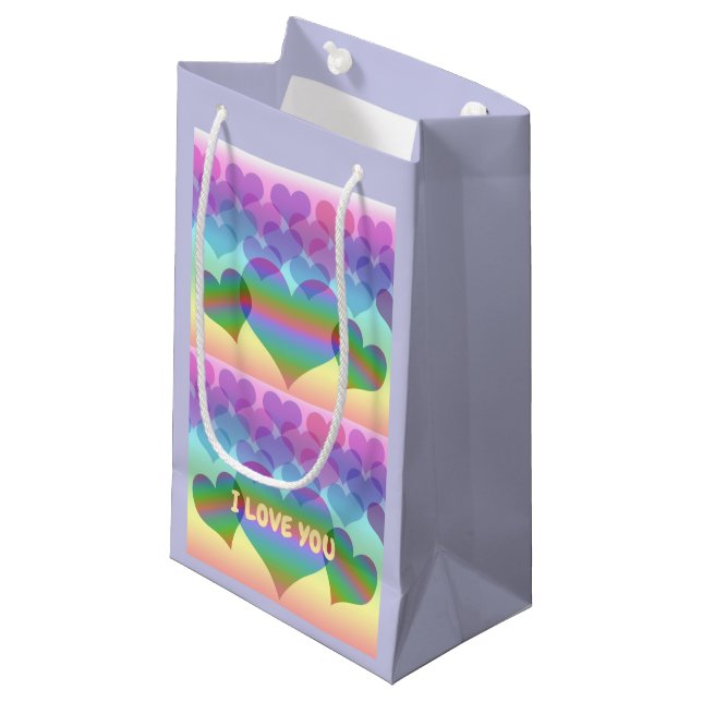 Petit Sac Cadeau Pastel Rainbow of Hearts & Love (Devant Angle)